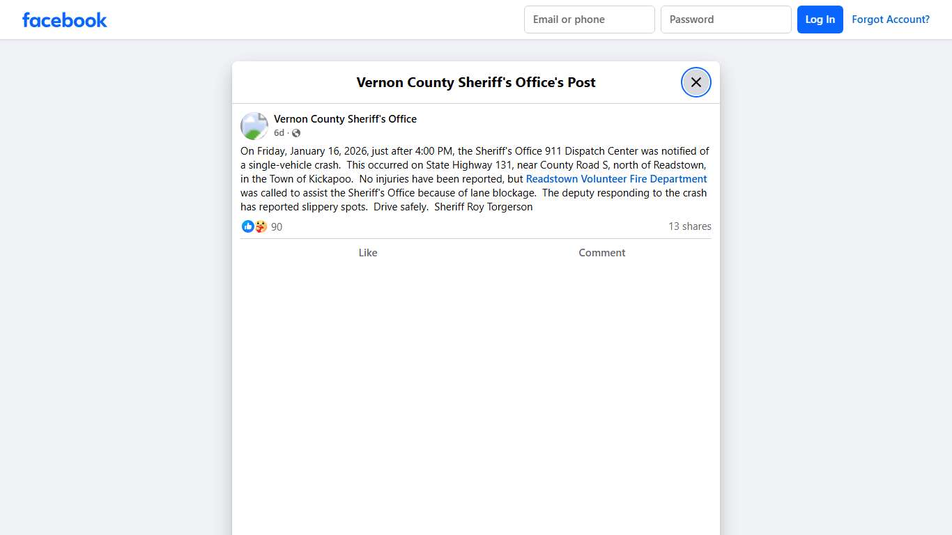 On Friday, January 16,... - Vernon County Sheriff's Office Facebook