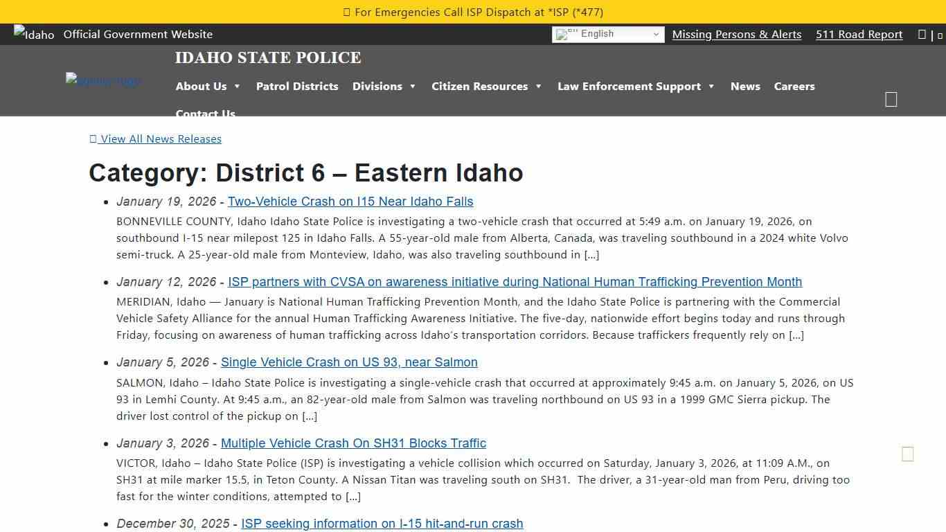 Two-Vehicle Crash on I15 Near Idaho Falls Idaho State Police
