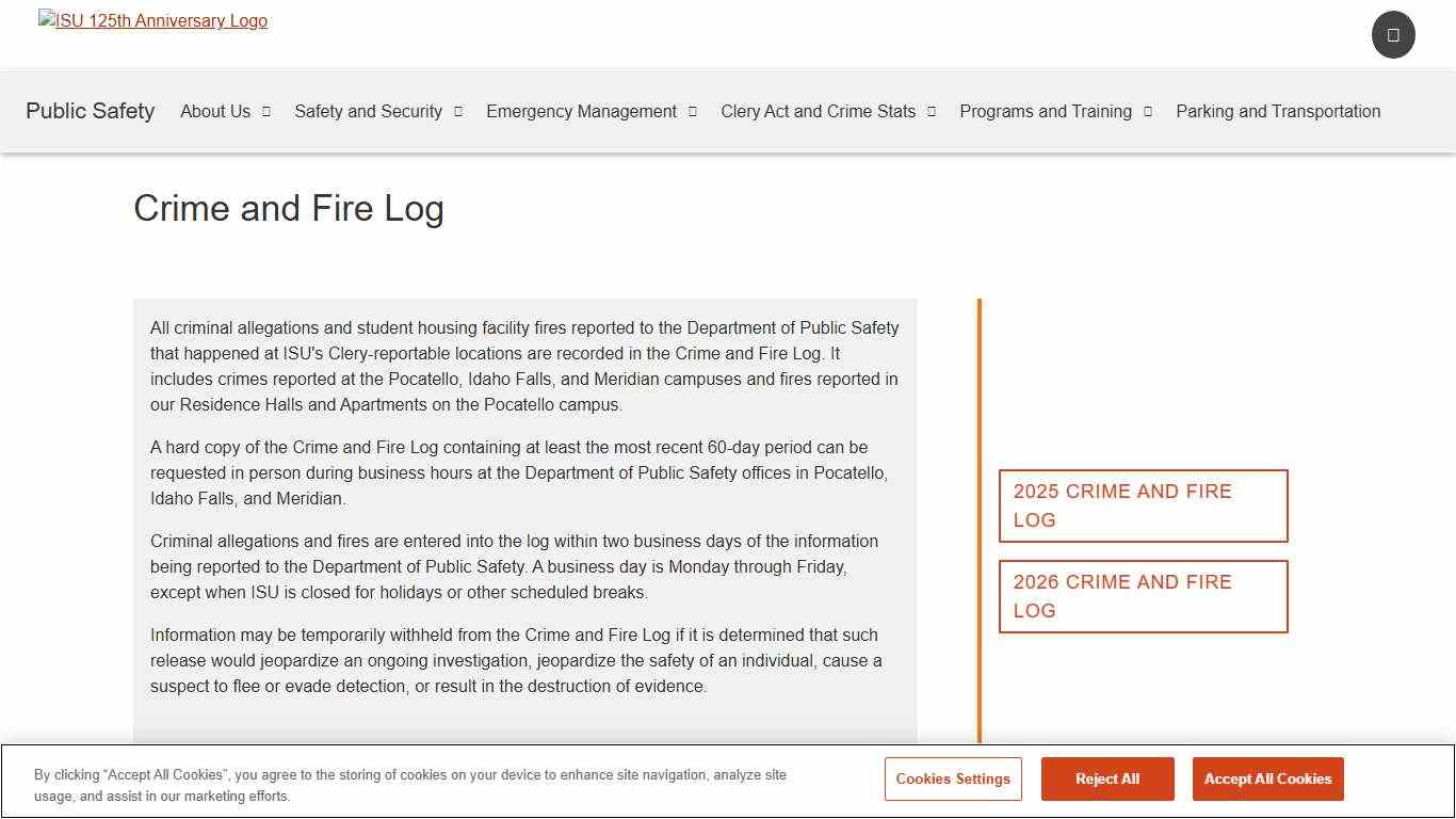 Crime and Fire Log Idaho State University